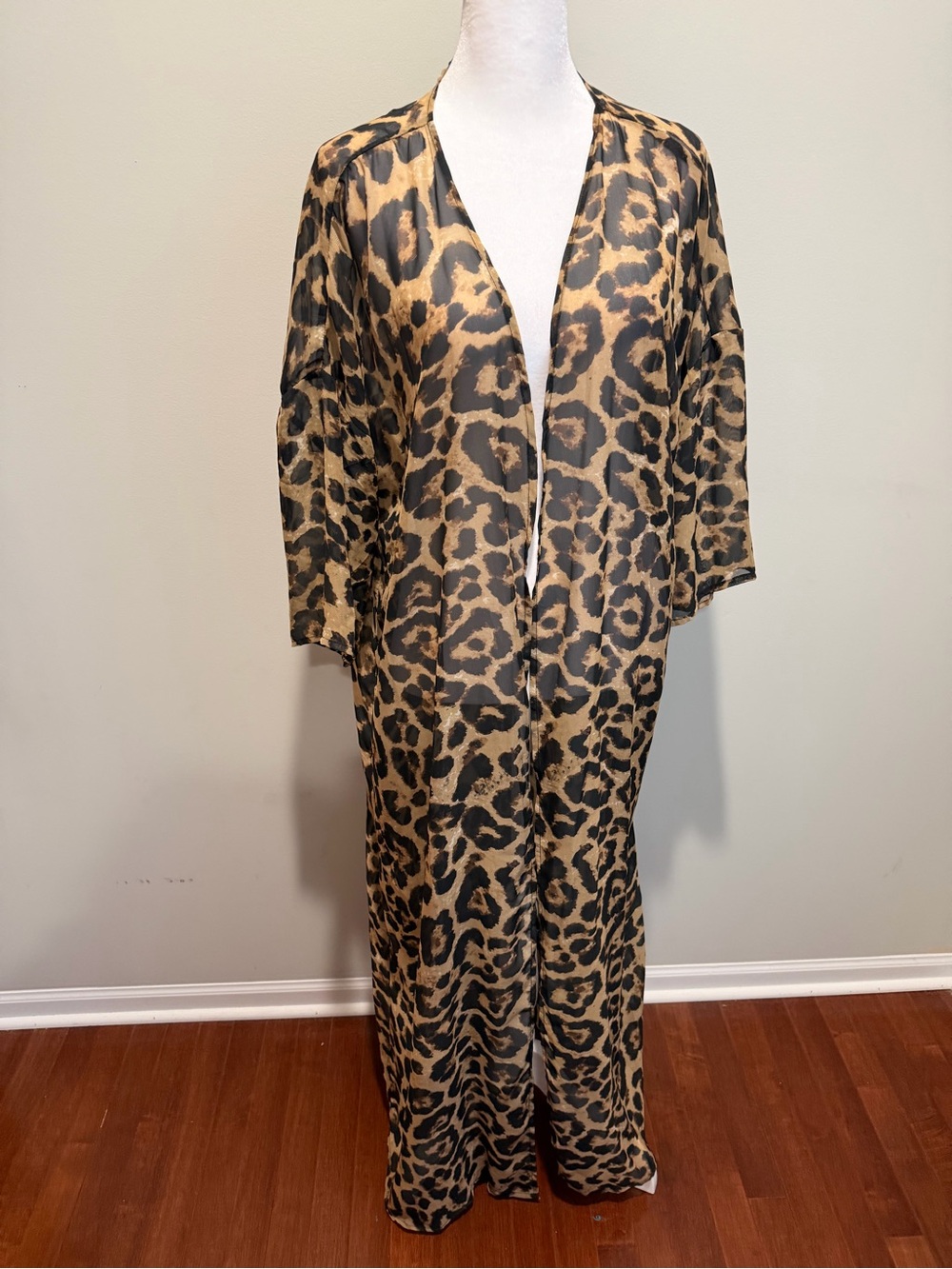 Leopard Print Long Silky Robe - Brown/Black